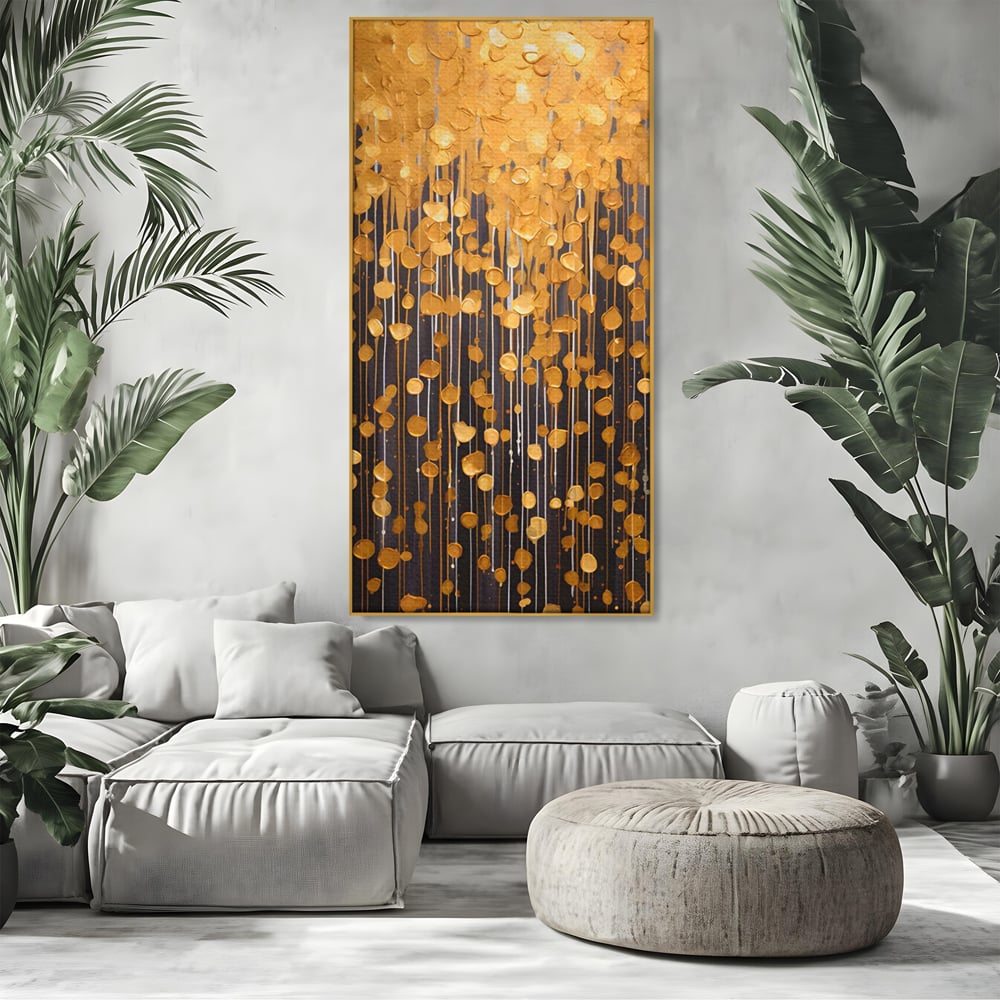 Tablou canvas cu pictura abstracta cu picaturi aurii, in rama de aluminiu auriu, pe perete intr-un living